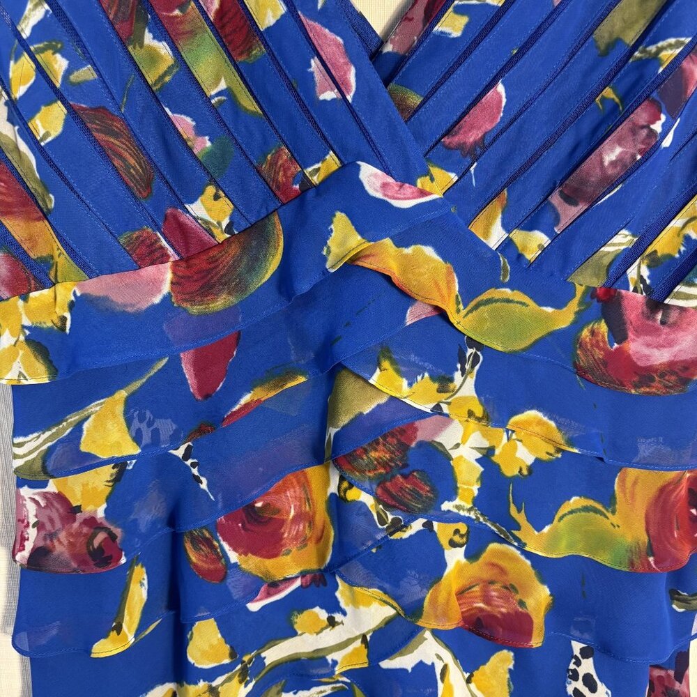 Floral Tiered Blue Sleeveless V-Neck Dress, Ruffled Layers,  Multicolor Print - Picture 7 of 13